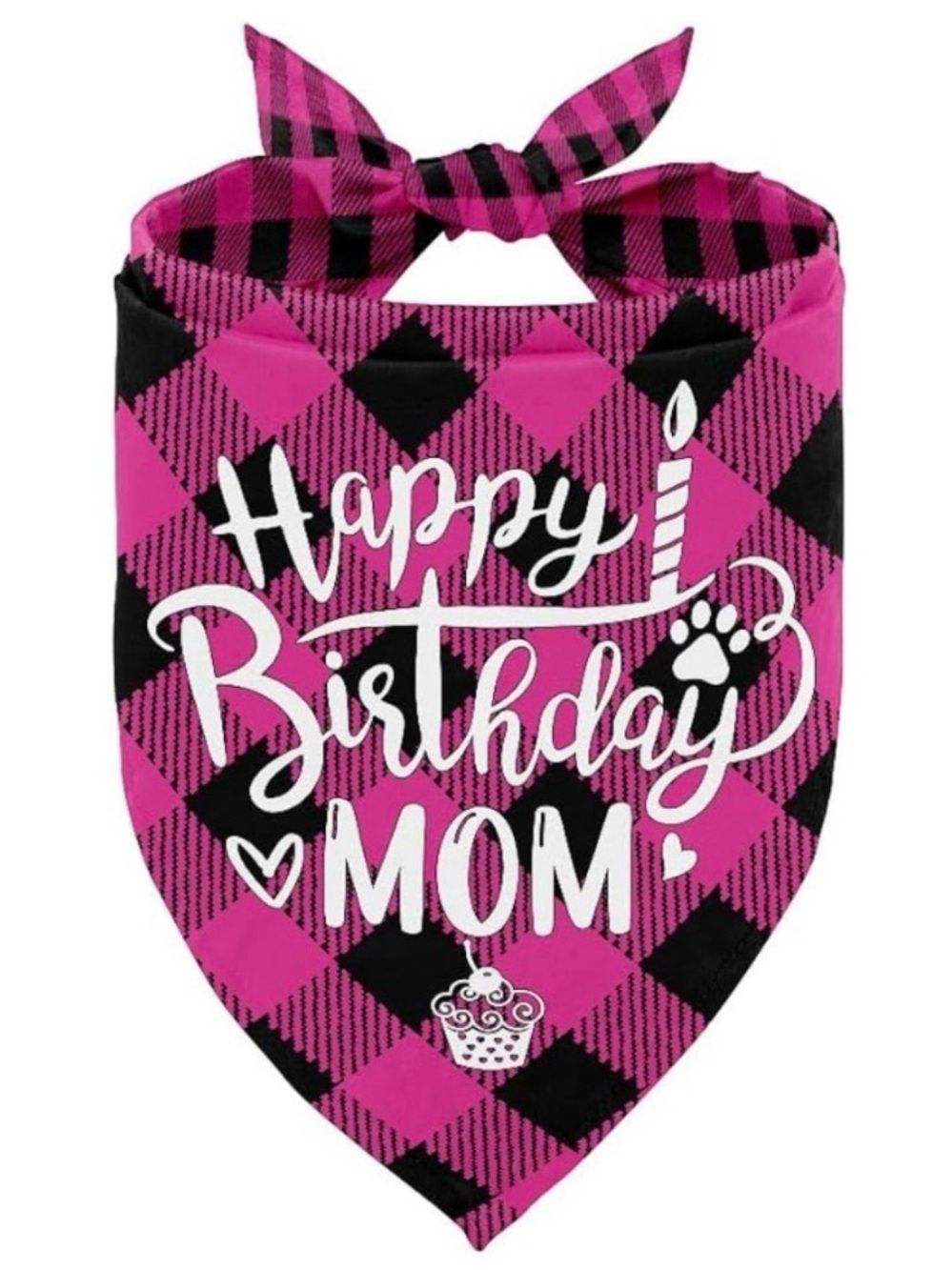 Pink & Black Plaid Pet Bandana Reads “Happy Birthday Mom” Coquette Girly Cutsie